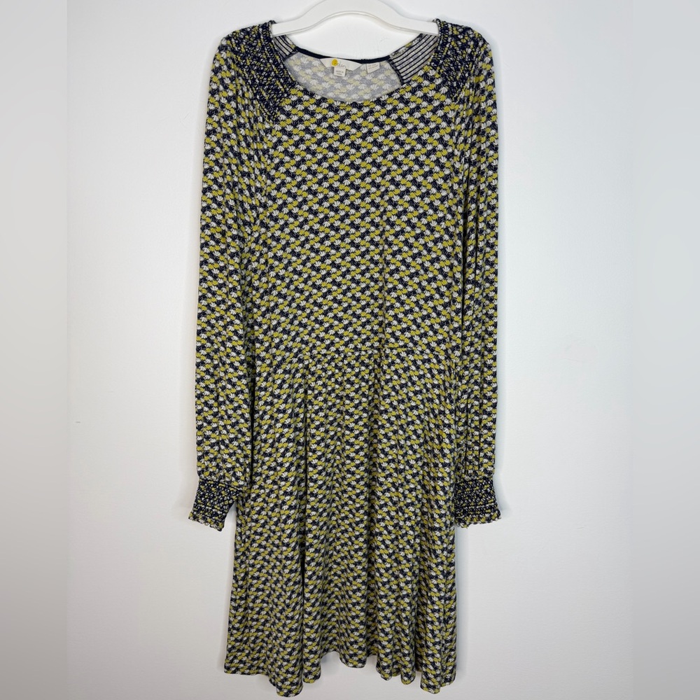 Boden Jersey Knit Long Sleeve Yellow White Navy Floral Print Dress 16/18R